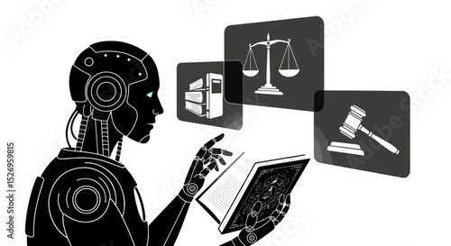 Artificial Intelligence in Legal Research A Robot Studying Law with Scales of Justice Books and Gavel Icons Representing Automation and Legal Tech Advancements