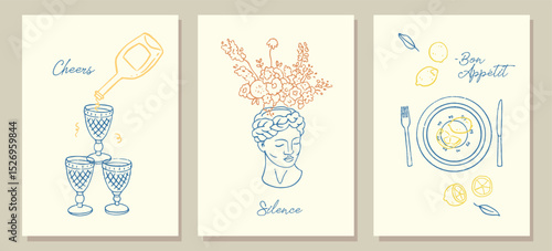 Vector hand drawn trendy summer wedding outline illustration. Elegant flat minimalist hand drawn modern art for wedding invitations, menu, graphics and design