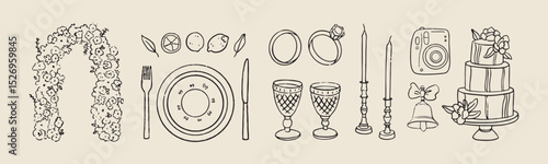 Vector hand drawn trendy summer wedding floral arch, dinner, cake, glasses outline illustration. Elegant flat minimalist hand drawn modern art for wedding invitations, menu, graphics and design