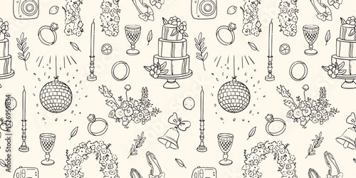 Vector hand drawn trendy summer wedding floral arch, vase, cake, disco ball outline illustration. Elegant flat minimalist modern seamless pattern for wedding invitations, menu, graphics and design