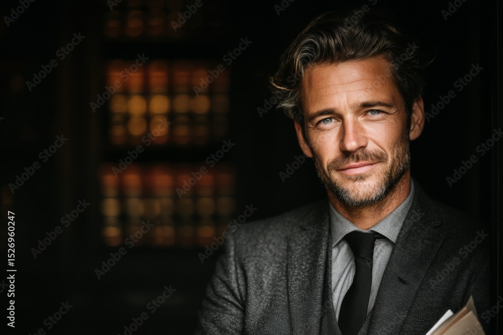 Distinguished Man in Tweed Suit with Gray Hair and Beard Posing Near Bookshelf in Dim Light for a Professional Portrait Distinguished Man in Tweed Suit with Gray Hair and Beard Posing Near Bookshelf in Dim Light for a Professional Portrait