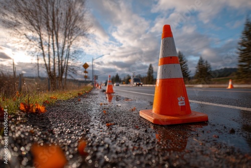 Safety Cones stand guard on wet Roadside during a highway construction project with moody Skies above at Sunset