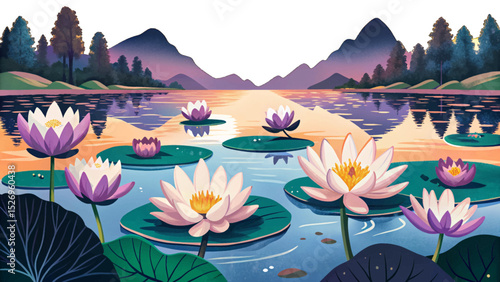 Vector illustration of a quiet lake with floating lotus flowers perfect for tranquil nature scenes, meditation visuals, and peaceful botanical compositions