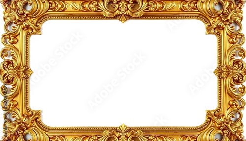 Intricate gold baroque frame against stark white background,  gold,  ornate
