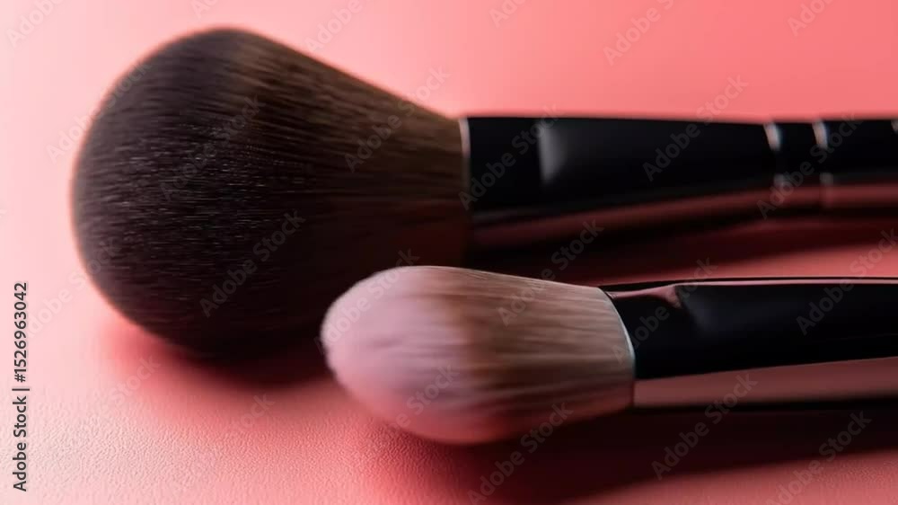 Two makeup brushes, close-up, on a pink background, showing soft, fluffy heads. Dark brown and light pink bristles Two makeup brushes, close-up, on a pink background, showing soft, fluffy heads. Dark brown and light pink bristles