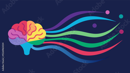 An animated brain with colorful waves of light flowing in and out of it representing the activation of different brain regions thanks to interactive light therapy. This. Vector illustration