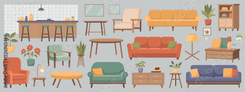 Collection of Furnishings and Decor Items for a Home Interior Including Sofas Chairs Tables Plants and Storage