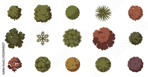 Collection of fifteen tree top view vector illustrations for landscape design and architectural visualization in green brown and red colors