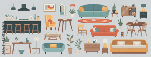 Collection of Furnishings and Decor Elements for a Living Room and Kitchen in a Modern Minimalist Style with Neutral Background Color