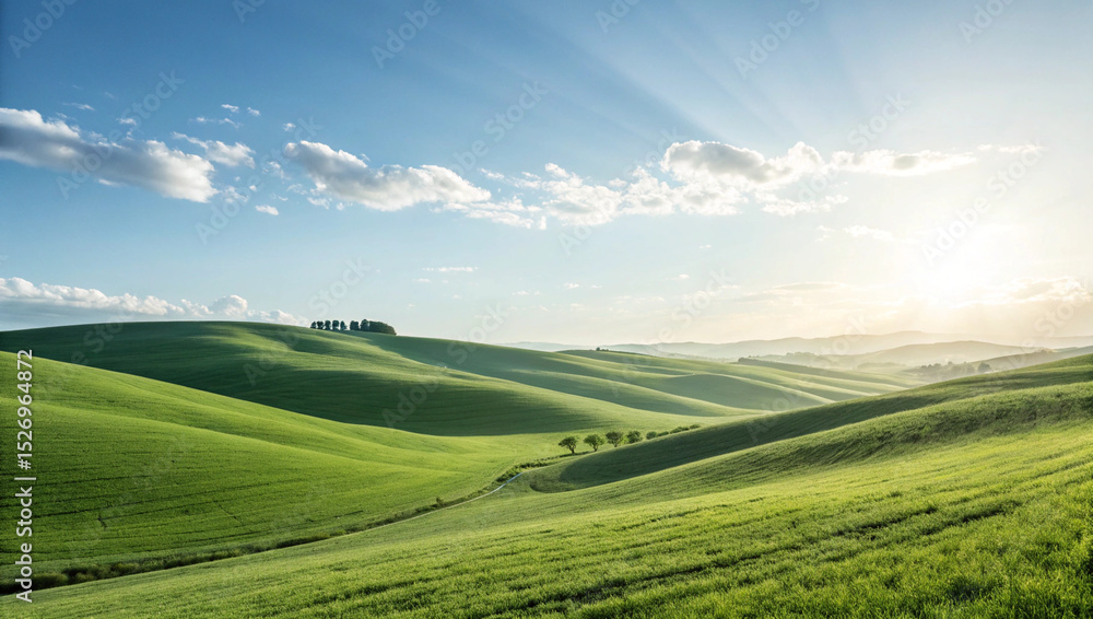 Obraz premium Stunning panoramic landscape featuring undulating emerald hills and a dramatic sky. Ideal for showcasing natural beauty and open spaces.