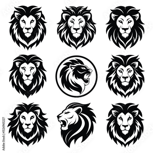 set of 9 lion head angry roaring logo vector silhouette, shows power and strenght