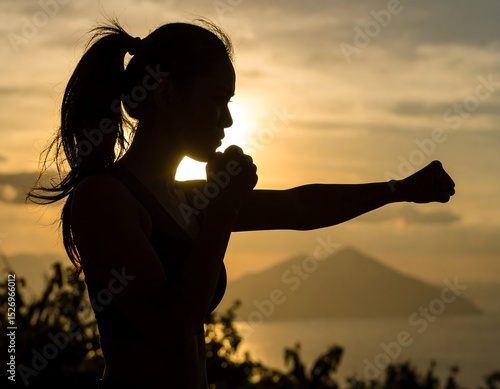 Silhouette of a woman boxing at sunset