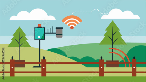 A weatherresistant farm fence with integrated weather sensors that can withstand extreme conditions and provide realtime alerts to the farmer for any necessary action.. Vector illustration