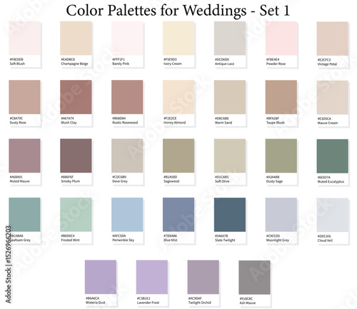 Wedding Color Palettes Single Color Chart - 3d Marriage Soft, Pastel, Neutral, Muted Colours, Color Schemes with Hex Codes and Names, Colour Swatches and Combinations, Vector Illustration