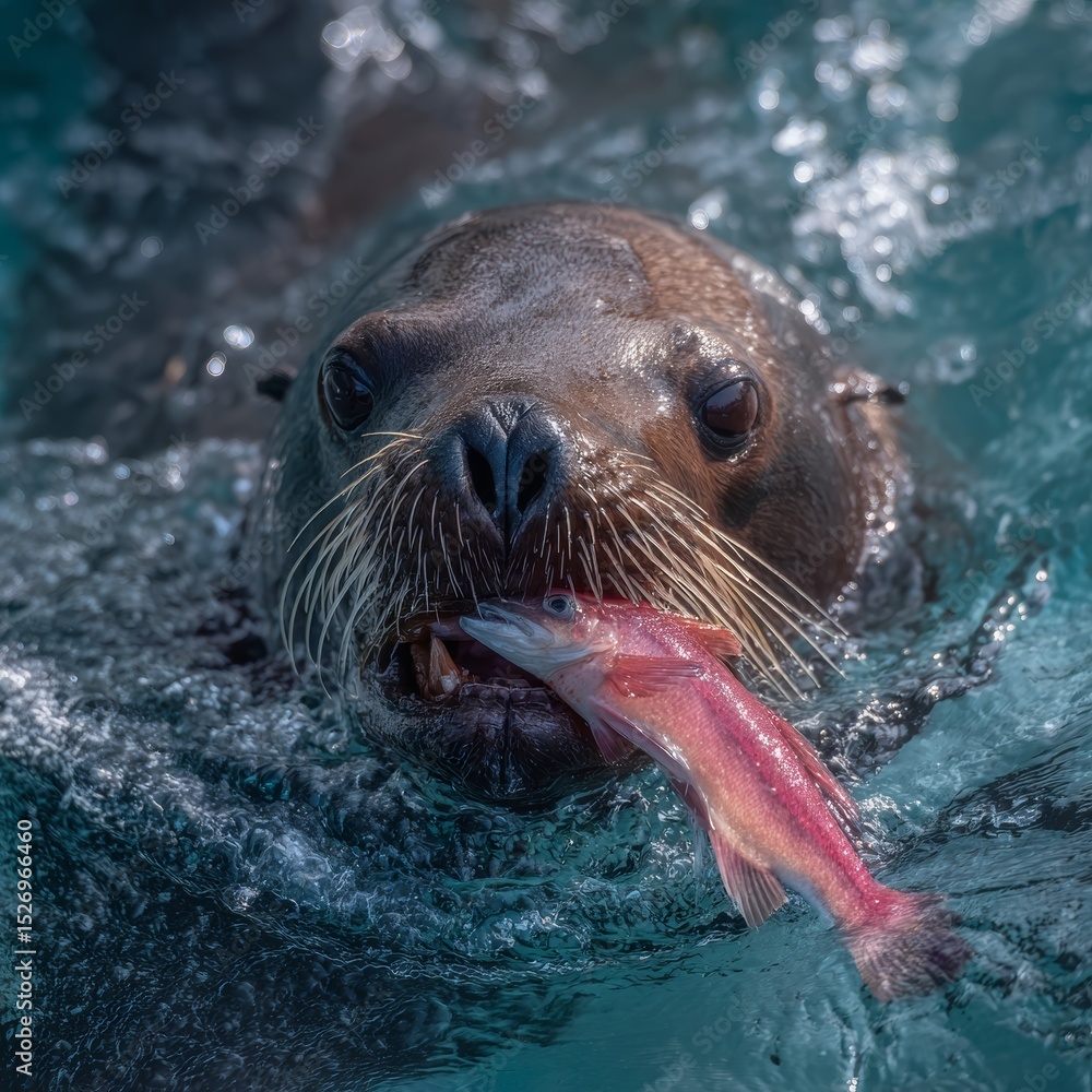 Obraz premium Sea lion catching a salmon in the ocean. The sea lion's mouth is open, and it is holding the salmon in its teeth. The water is splashing around it.