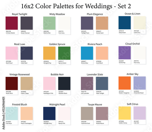 Wedding Color Palettes 16x2 Set 2 - 3d Marriage Luxury, Modern, All Season Colours, Color Schemes with Hex Codes and Names, Colour Swatches and Combinations, Vector Illustration