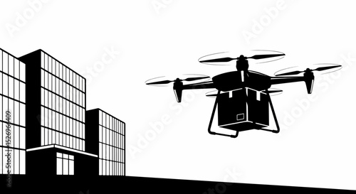 Drone Delivery Over Cityscape Silhouette Modern Building and Package Transport Black and White Illustration for Logistics and Technology Concepts black