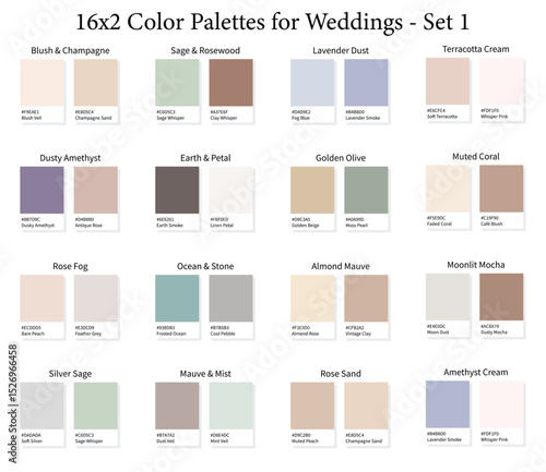 Wedding Color Palettes 16x2 Set 1 - 3d Marriage Soft, Pastel, Neutral, Muted Colours, Color Schemes with Hex Codes and Names, Colour Swatches and Combinations, Vector Illustration