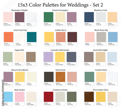 Wedding Color Palettes 15x3 Set 2 - 3d Marriage Luxury, Modern, All Season Colours, Color Schemes with Hex Codes and Names, Colour Swatches and Combinations, Vector Illustration