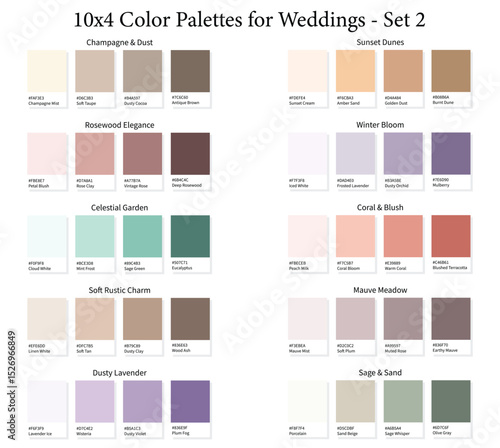 Wedding Color Palettes 10x4 Set 2 - 3d Marriage Soft, Pastel, Neutral, Muted Colours, Color Schemes with Hex Codes and Names, Colour Swatches and Combinations, Vector Illustration