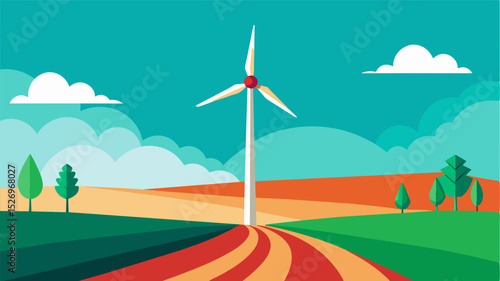 A wind turbine located in the middle of the fields generating energy to power irrigation systems.. Vector illustration