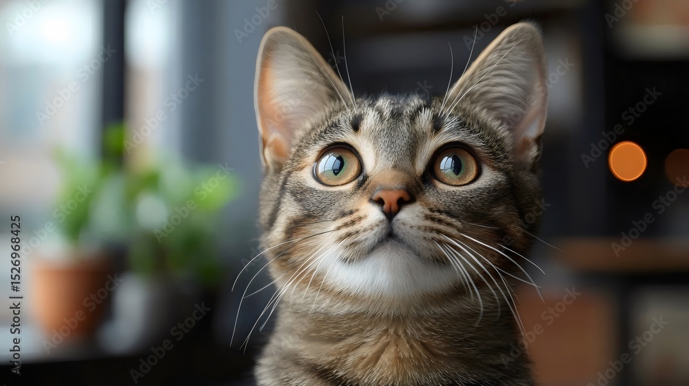 A charming tabby cat gazes upwards, showcasing its striking eyes and gentle expression. A charming tabby cat gazes upwards, showcasing its striking eyes and gentle expression.