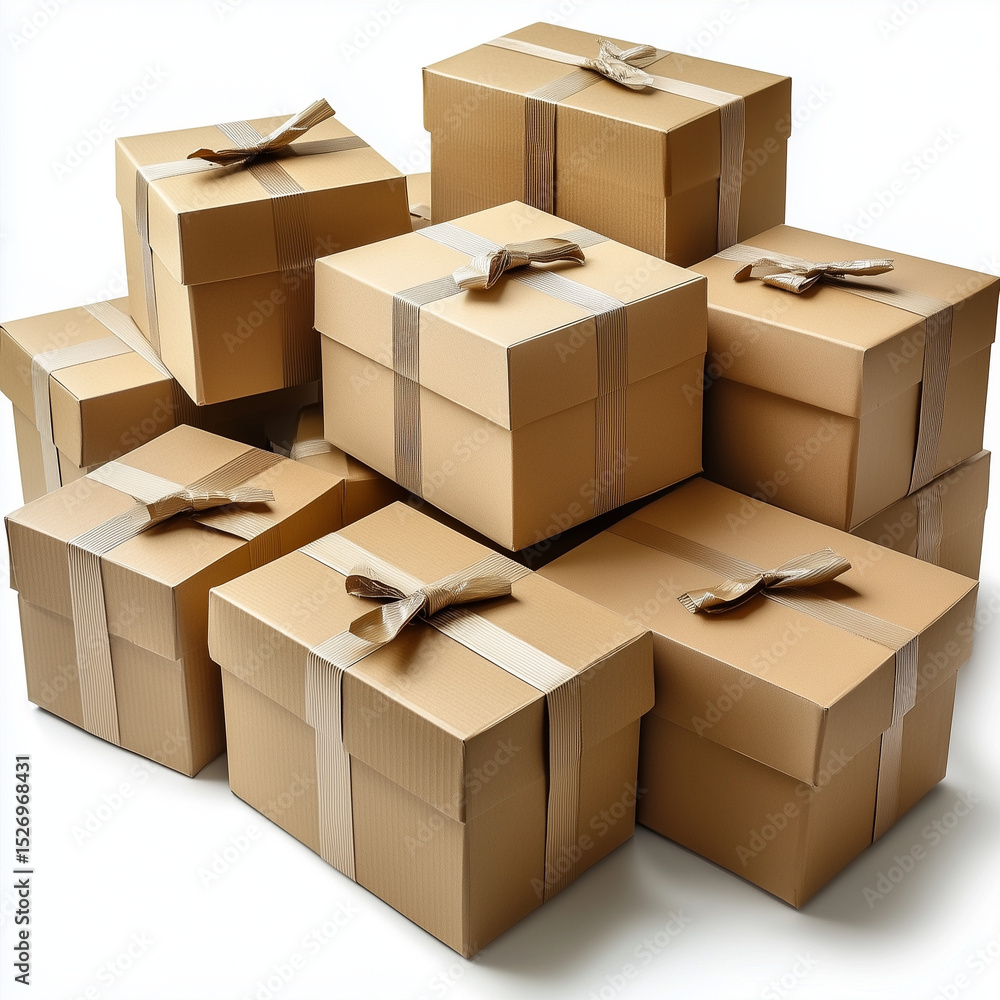 Stack of gift boxes wrapped in brown paper with ribbons Stack of gift boxes wrapped in brown paper with ribbons
