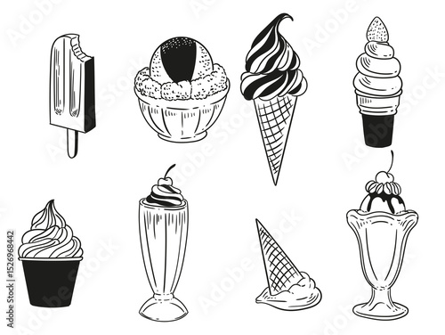 Set of original hand-drawn ink ice cream illustrations. Original ice cream cone drawings
