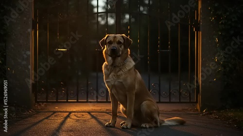 Dog sitting at a gate in golden light