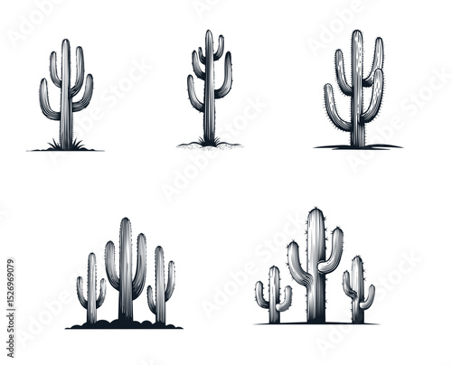 Ilustrações em preto e branco de cactos altos