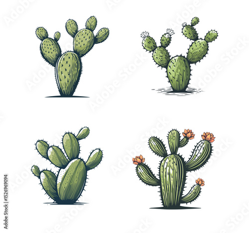 Cactos verdes com flores desenhados à mão