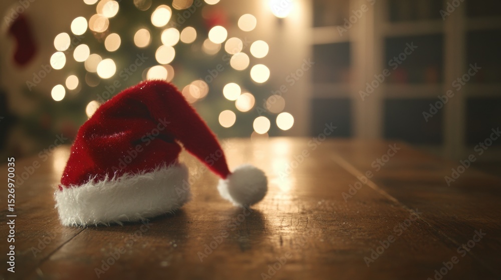 Fototapeta premium Santa hat rests on wooden table in cozy holiday setting with lights