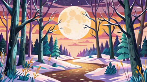 Vector illustration of a frozen forest path illuminated by full moonlight ideal for dreamy winter scenes, night landscapes, and atmospheric fantasy visuals