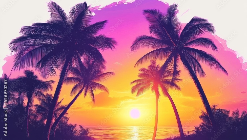 Obraz premium Palm Silhouette Sunset Tropical Paradise, Ocean, Beach