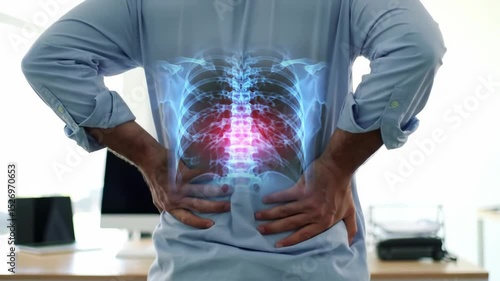 Man experiences lower back pain that is shown through X ray visualization showing ribs and spinal column discomfort so he is using hands for support in an office setting