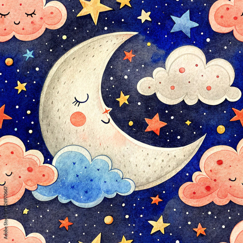 Dreamy Watercolor Nursery Pattern - Sleeping Moon and Star Clouds