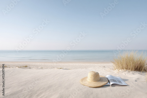 serene beach scene featuring straw hat magazine filled with beach stories and sunglasses on soft light sand