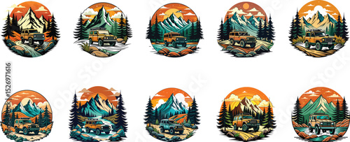 mountain landscape with pine trees, lake and car badge design set vector illustration