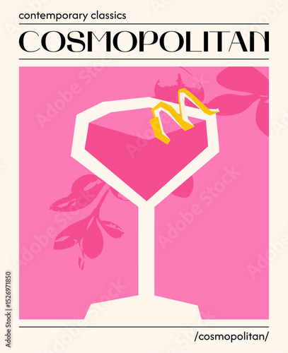 Elegant cosmopolitan cocktail. Vector illustration of classic alcoholic drink. Poster with trendy cocktail garnished with lemon. Contemporary poster for bar, restaurants and menu.