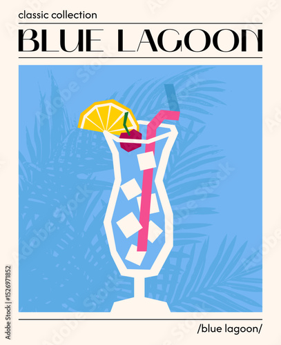 Blue lagoon cocktail. Vector illustration of summer alcoholic drink garnished with cherry, lemon and straw. Poster with tropical refreshing drink. Contemporary poster for bar, restaurants and menu.
