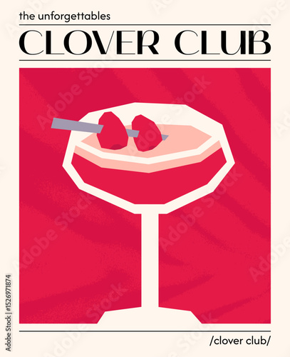 Clover club cocktail. Vector illustration of modern alcoholic drink garnished with raspberry. Poster with elegant romantic drink. Contemporary poster for bar, restaurants and menu.