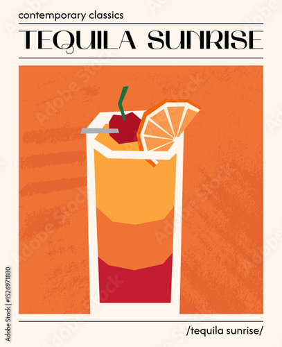 Tequila sunrise cocktail. Vector illustration of summer alcoholic long drink garnished with orange and cherry. Poster with tropical refreshing drink. Contemporary poster for bar, restaurants and menu.