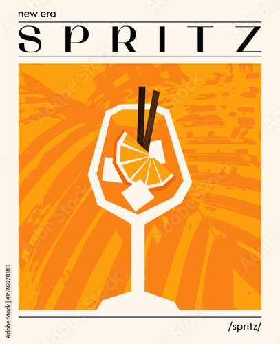 Aperol spritz cocktail. Vector illustration of trendy alcoholic drink with orange and ice. Colorful poster with refreshing summer drink. Contemporary poster for bar, restaurants and menu.