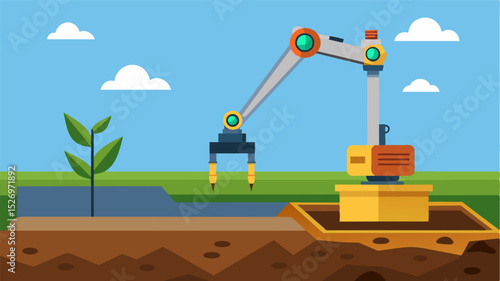An automated soil health sensor being p in the ground by a robotic arm to ensure accurate and consistent data collection.. Vector illustration