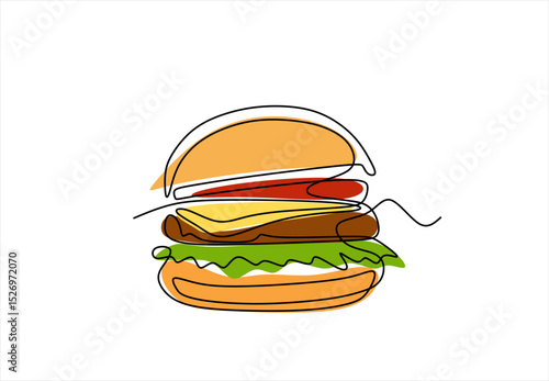 Continuous one line drawing of burger. Single line drawing of hamburger . Silhouette of fast food restaurant burger with cheese, cutlet and salad. Hand drawn one line vector. Editable stroke	