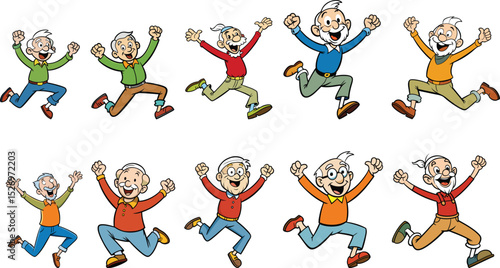 Happy old man jumping cartoon set vector illustration