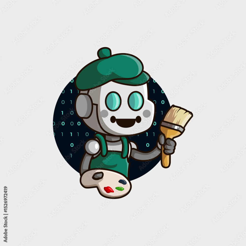 Fototapeta premium cute mascot logo cartoon robot with artificial intelligence system that looks like a painter who is able to create works of art quickly and beautifully