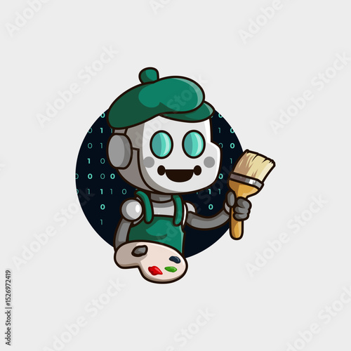 cute mascot logo cartoon robot with artificial intelligence system that looks like a painter who is able to create works of art quickly and beautifully
