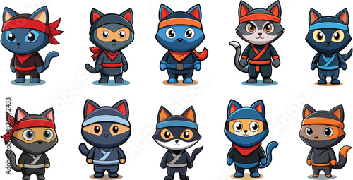 Ninja Cat cartoon character set vector illustration