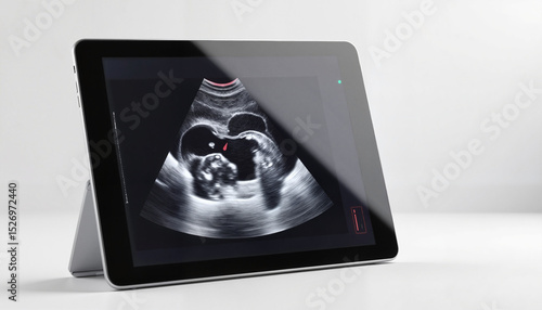 Ultrasound photo displayed on tablet against a neutral background  